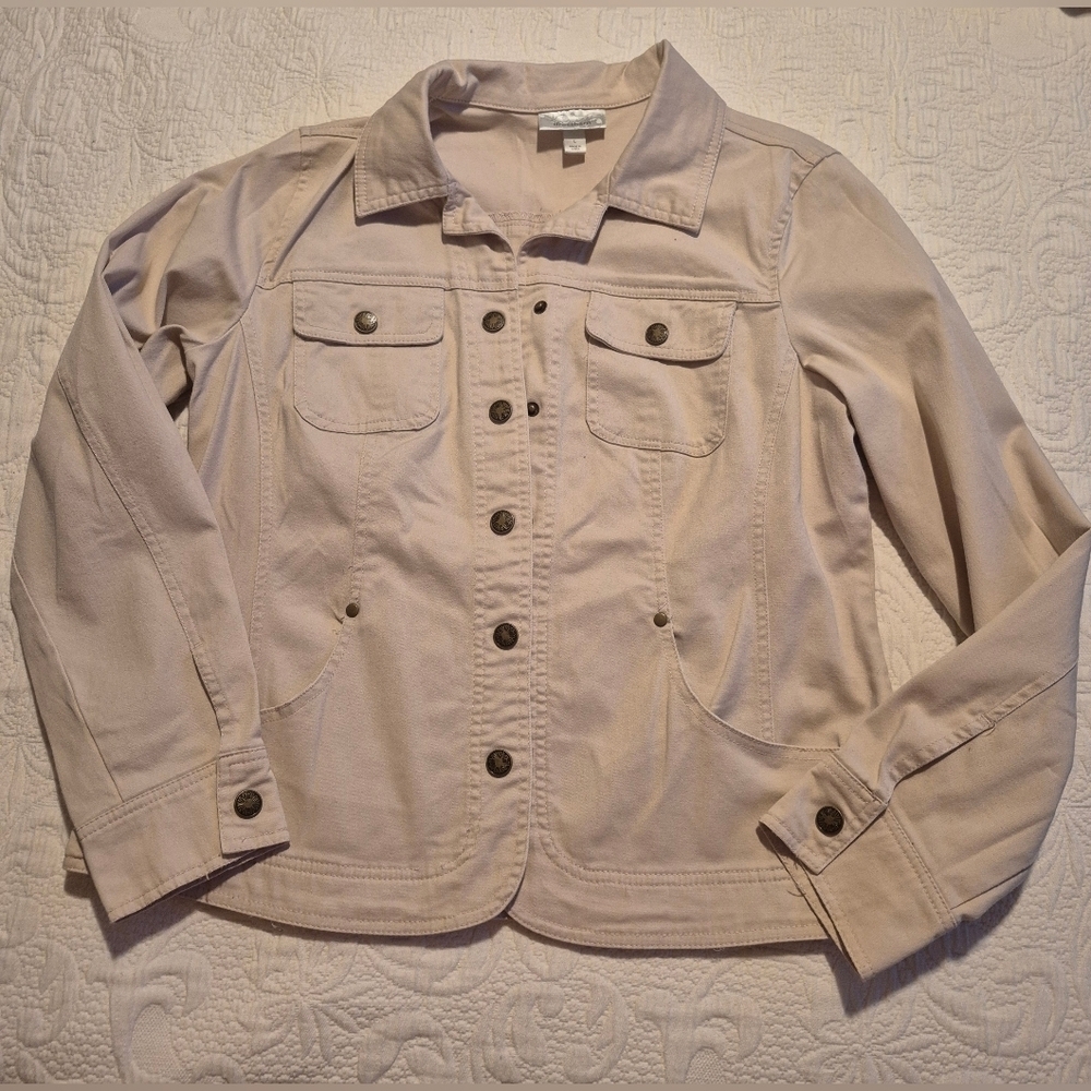 Dressbarn women's Large tan snap closed twill jacket, has stretch, VGUC